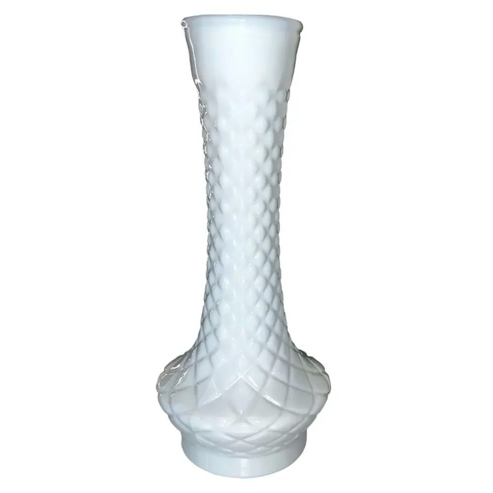 Randall Vintage Milk Glass‎ Diamond Quilted Bud Vase 60s Collectible Glassware